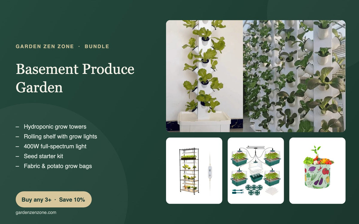 Basement Produce Garden bundle: hydroponic towers, grow light shelf and seed starters
