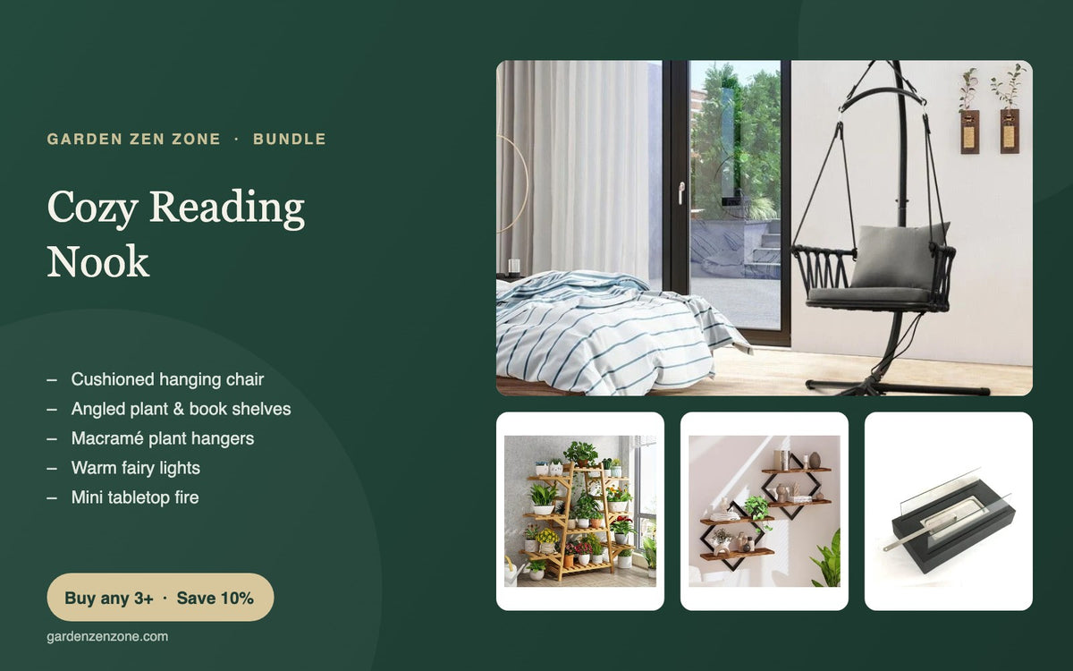 Cozy Reading Nook bundle: hanging chair, plant shelves and a tabletop fire