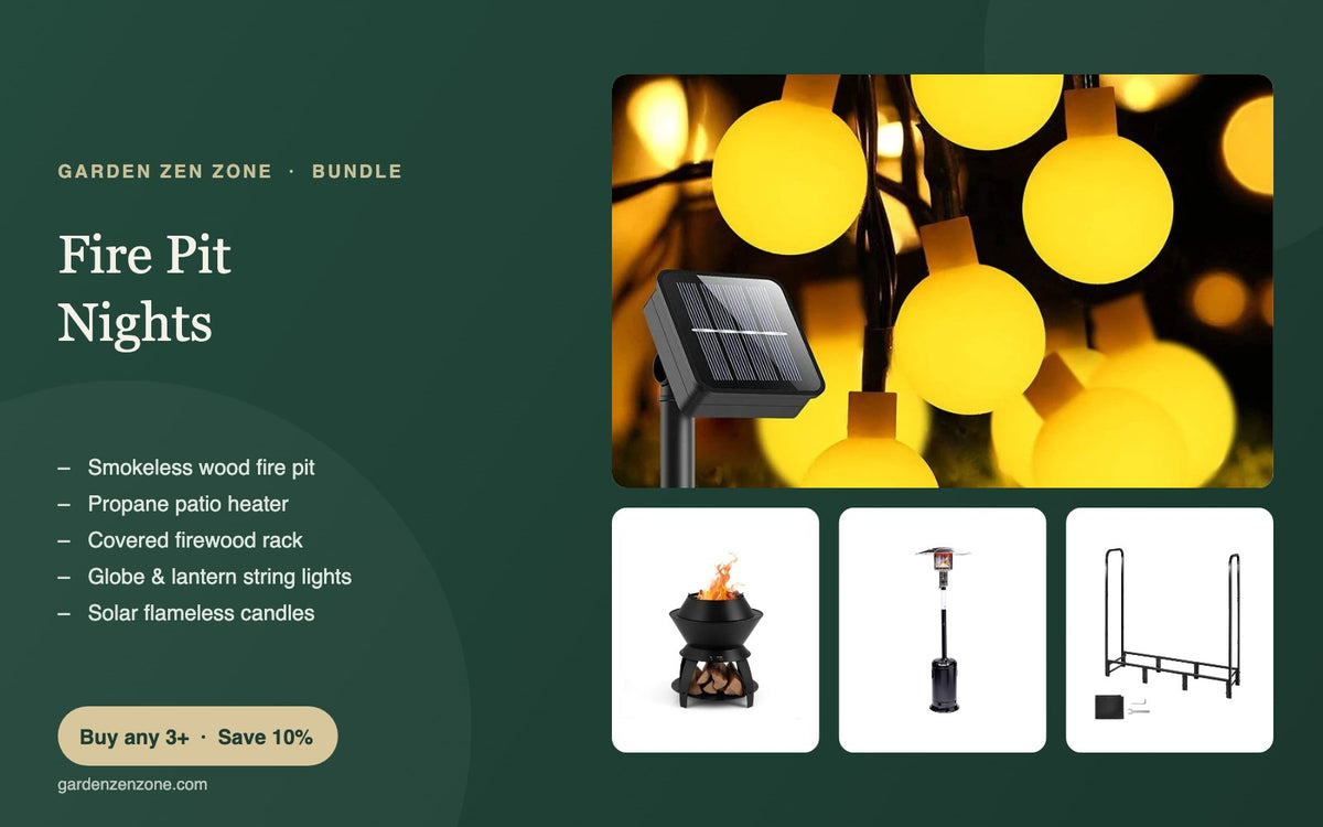 Fire Pit Nights bundle: smokeless fire pit, patio heater, firewood rack and string lights