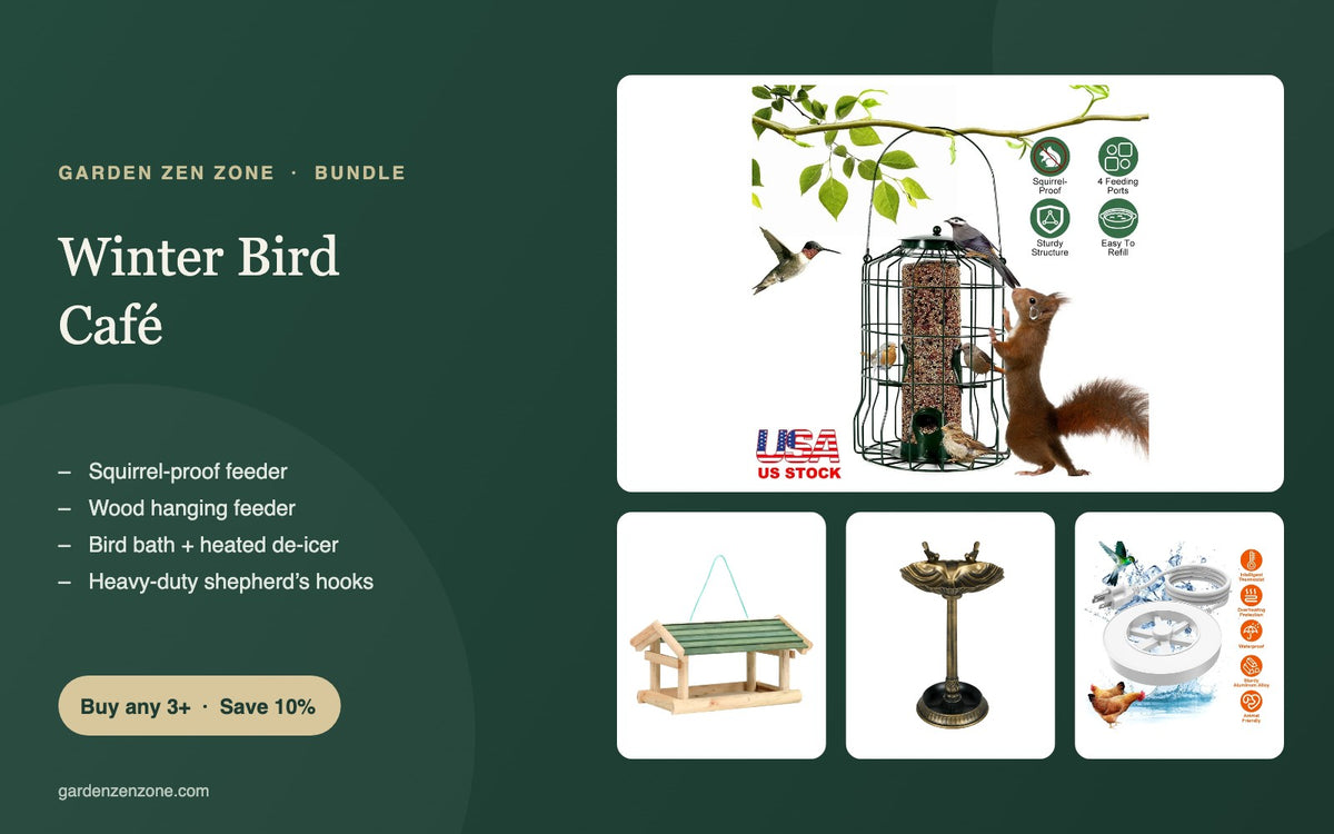 Winter Bird Café bundle: squirrel-proof feeder, wood feeder, bird bath and heated de-icer