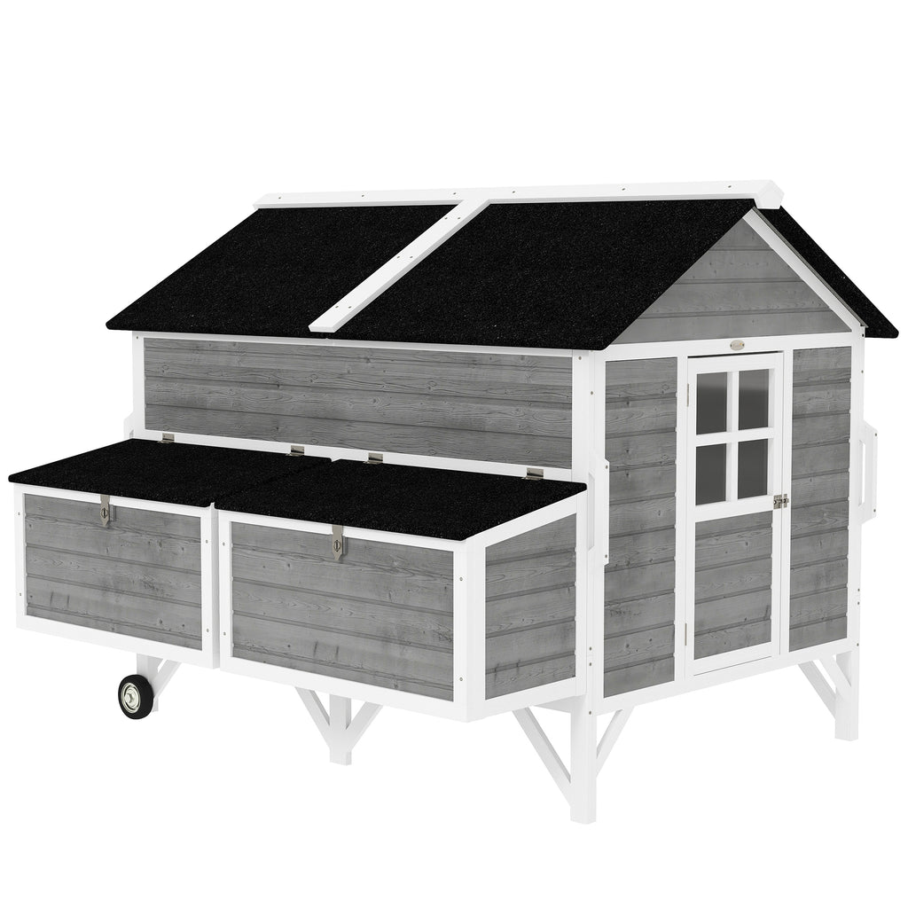 59" Wooden Chicken Tractor Coop on Wheels – Mobile Hen House with 2 Nesting Boxes for 4–6 Hens, Gray