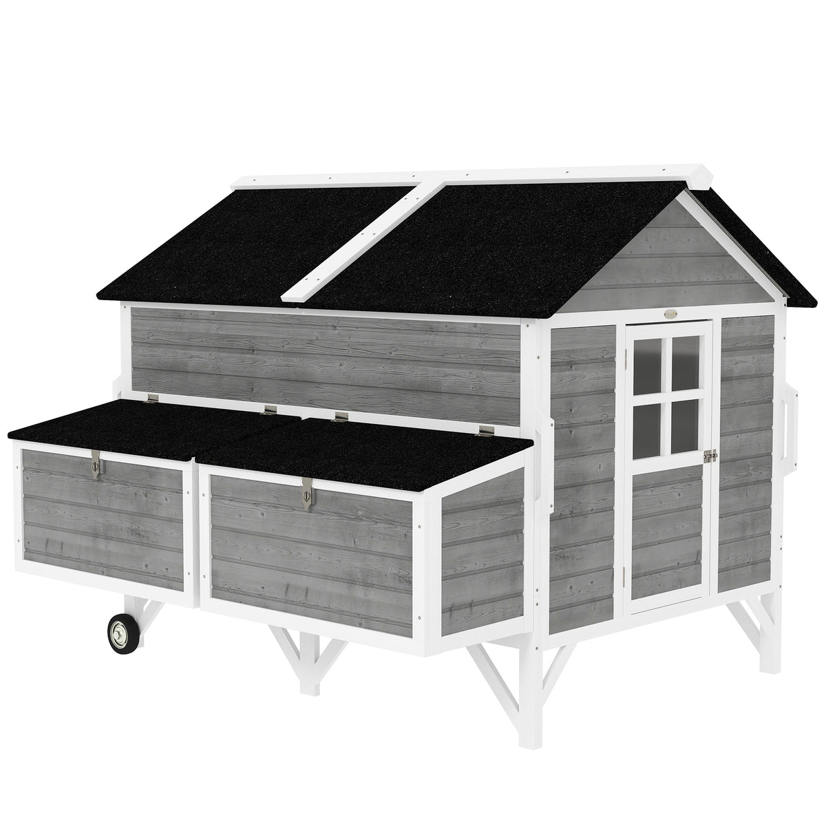 59" Wooden Chicken Tractor Coop on Wheels – Mobile Hen House with 2 Nesting Boxes for 4–6 Hens, Gray