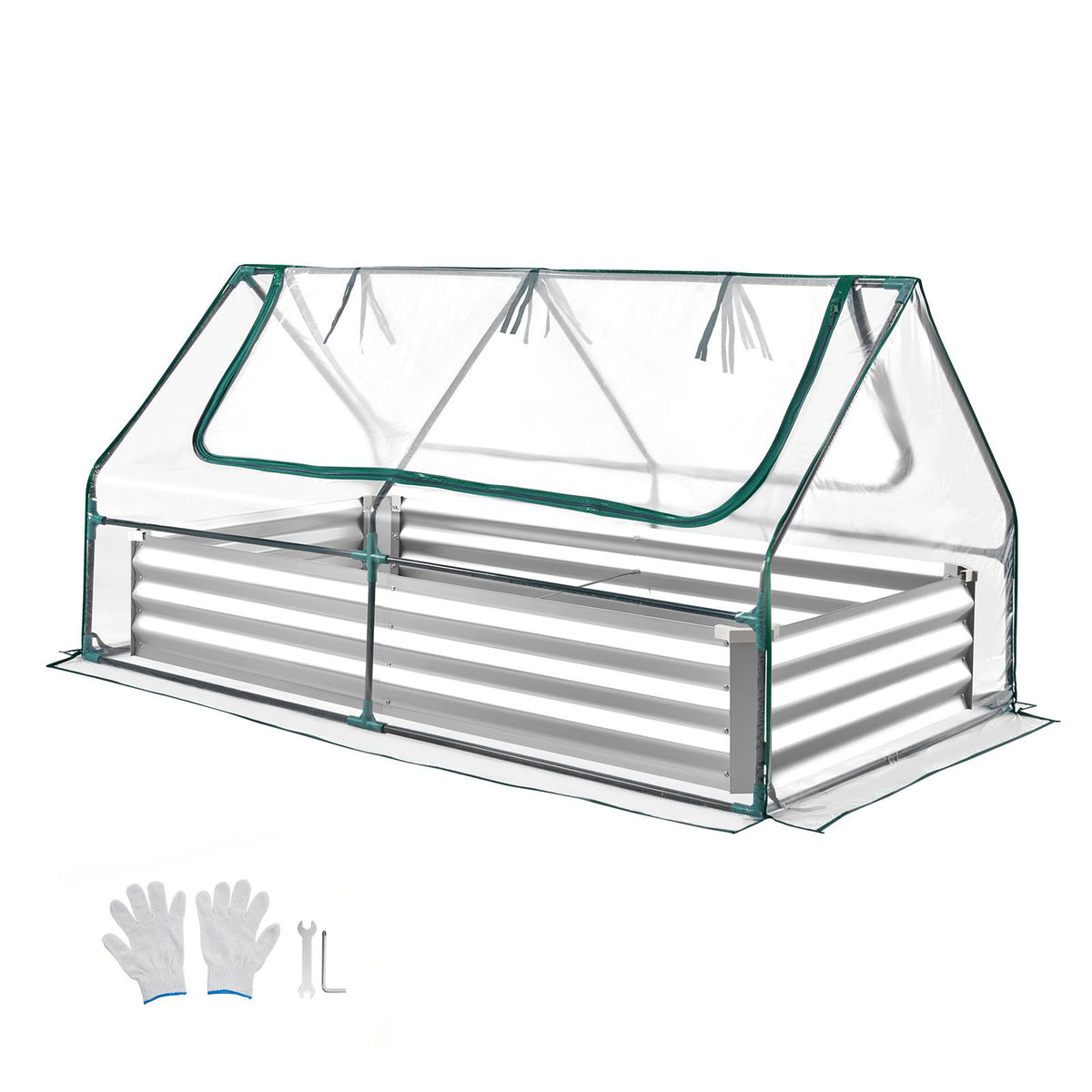 6' x 3' x 1' Galvanized Raised Garden Bed with Greenhouse Cover – Roll-Up Window, Silver
