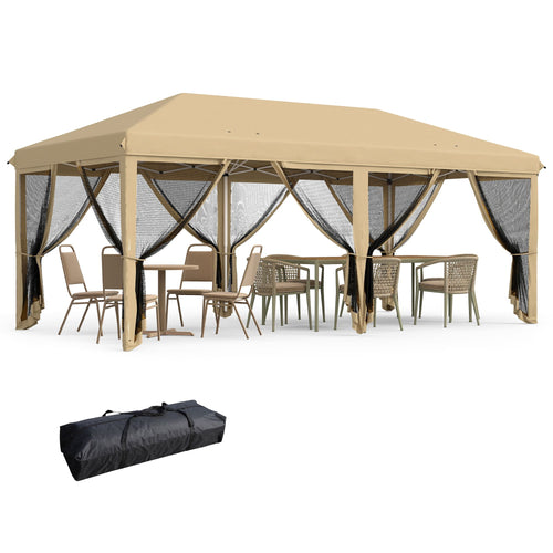 10 x 20 ft Beige Pop-Up Canopy with Netting Sidewalls