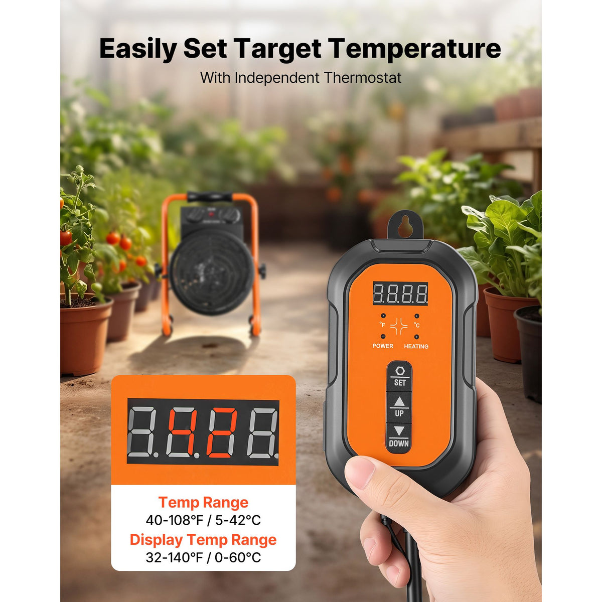 Greenhouse Heater with Thermostat – 1500W, IPX4 Splash-Rated – photo 5