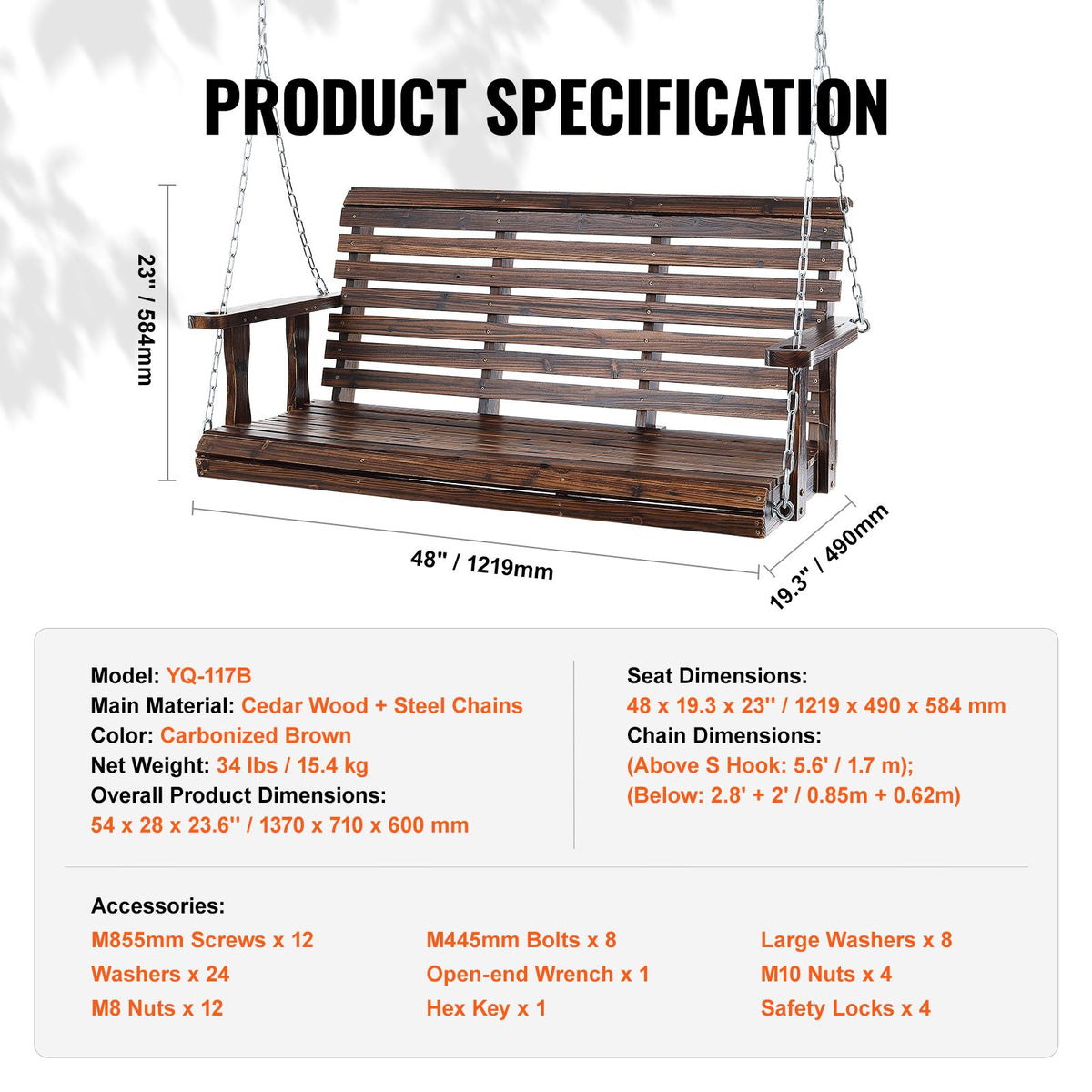 4.5 ft Wooden Porch Swing for Patio & Garden – view 5