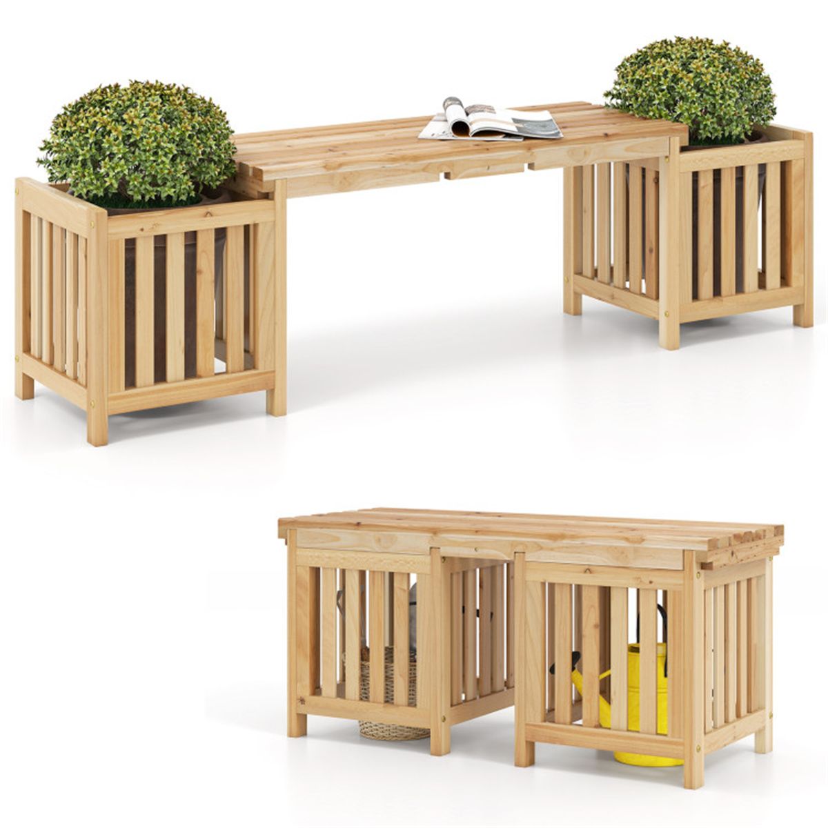 2-in-1 Wooden Garden Bench with 2 Planter Boxes