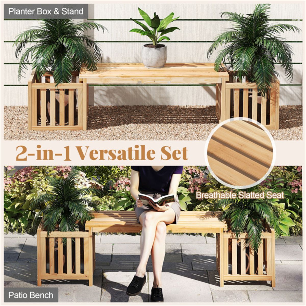 2-in-1 Wooden Garden Bench with 2 Planter Boxes – view 10