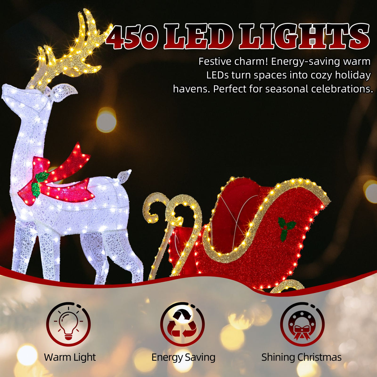 5 ft Lighted Christmas Reindeer & Sleigh Yard Decoration – view 4