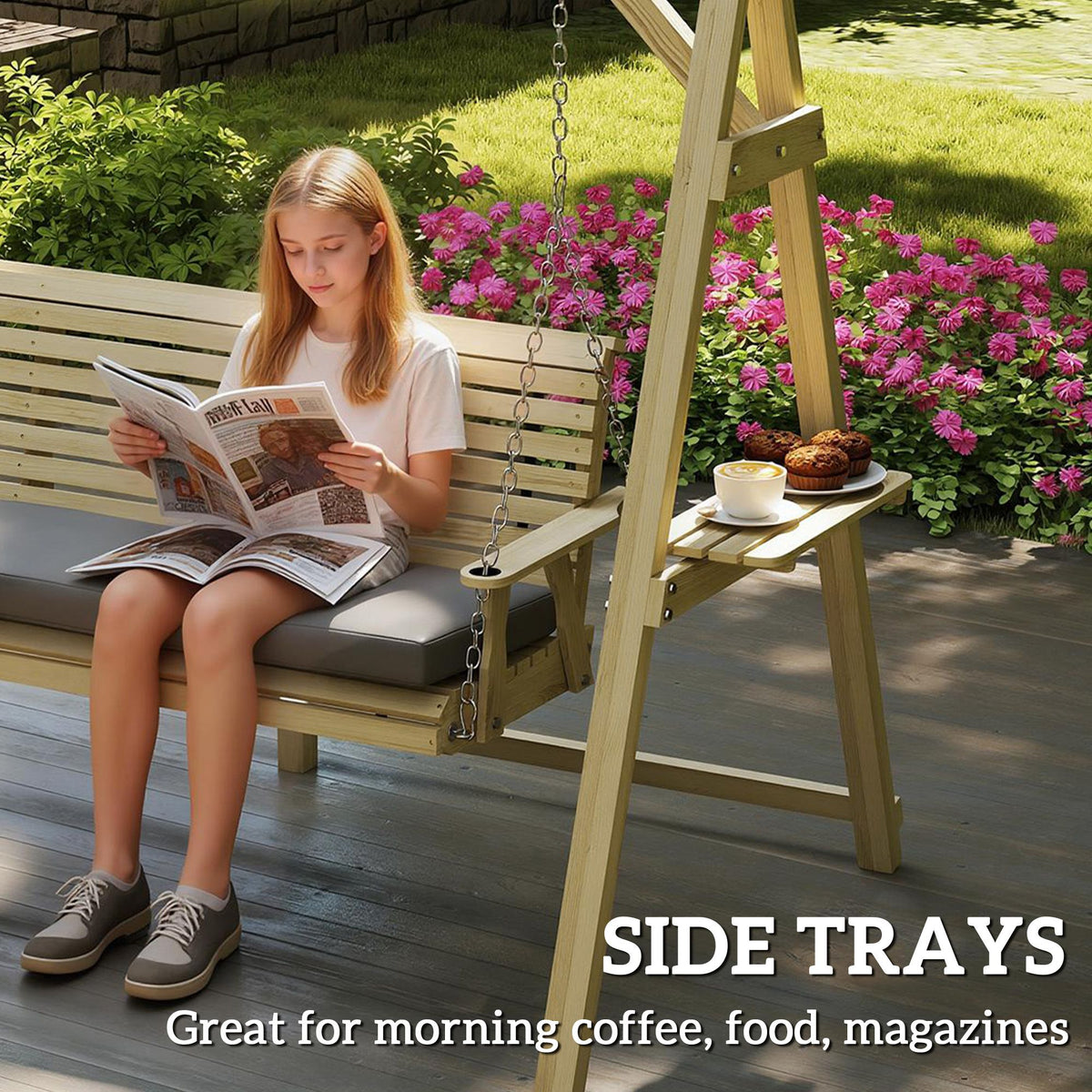 3-Seat Wooden Porch Swing with Stand – view 6