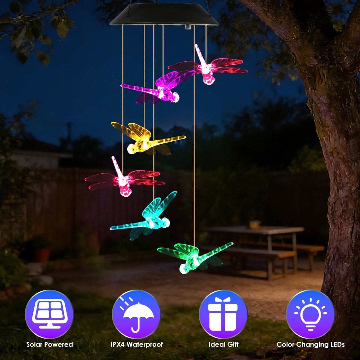 Solar Dragonfly Wind Chimes, 2-Pack – 7-Color Changing LED, IPX4 Waterproof – photo 5