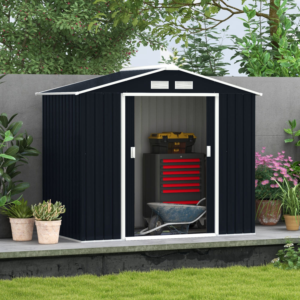 7' x 4' Metal Garden Shed with Vents – Lockable Double Doors, Dark Gray – photo 2