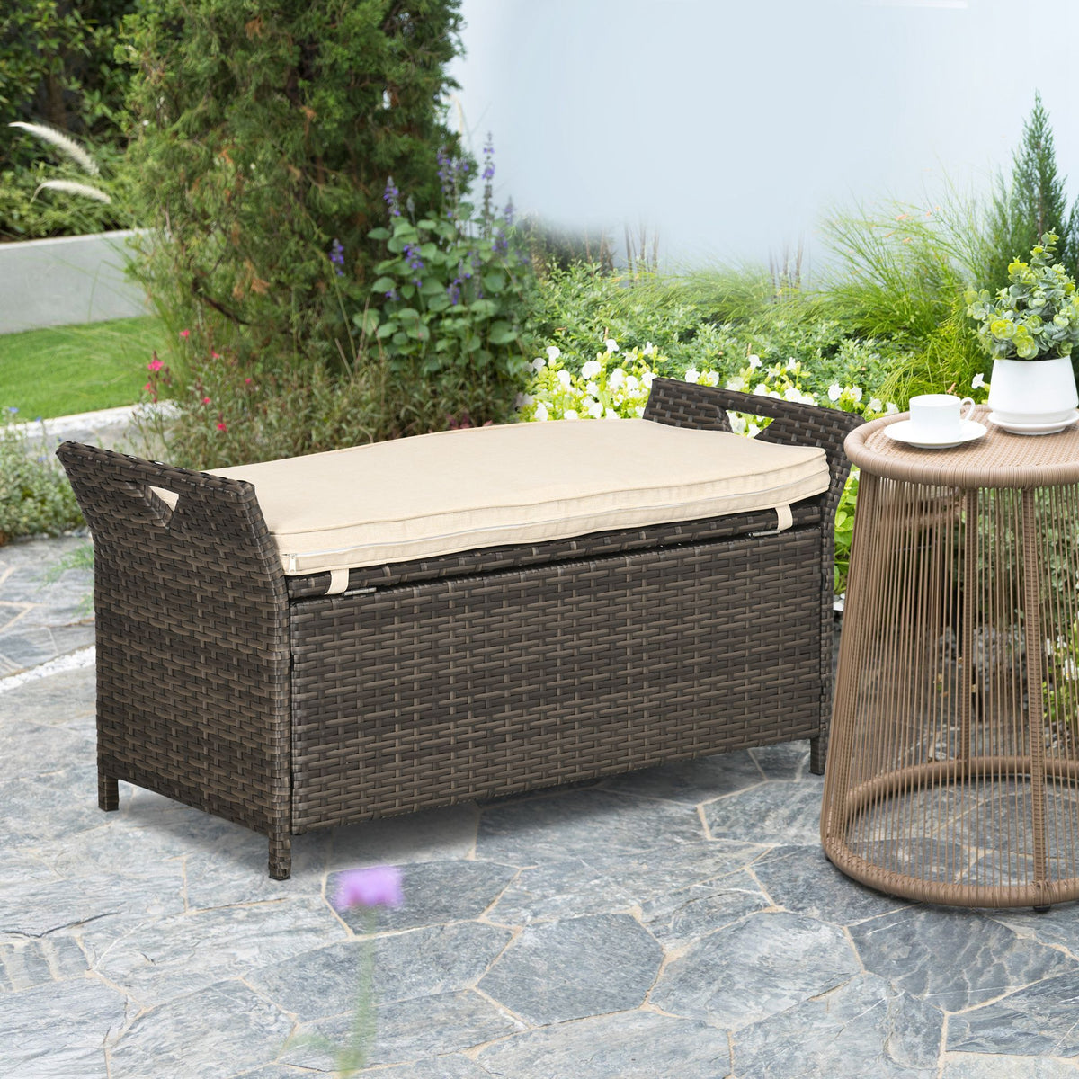 Cream Wicker Patio Storage Bench – 29 Gallon – view 10