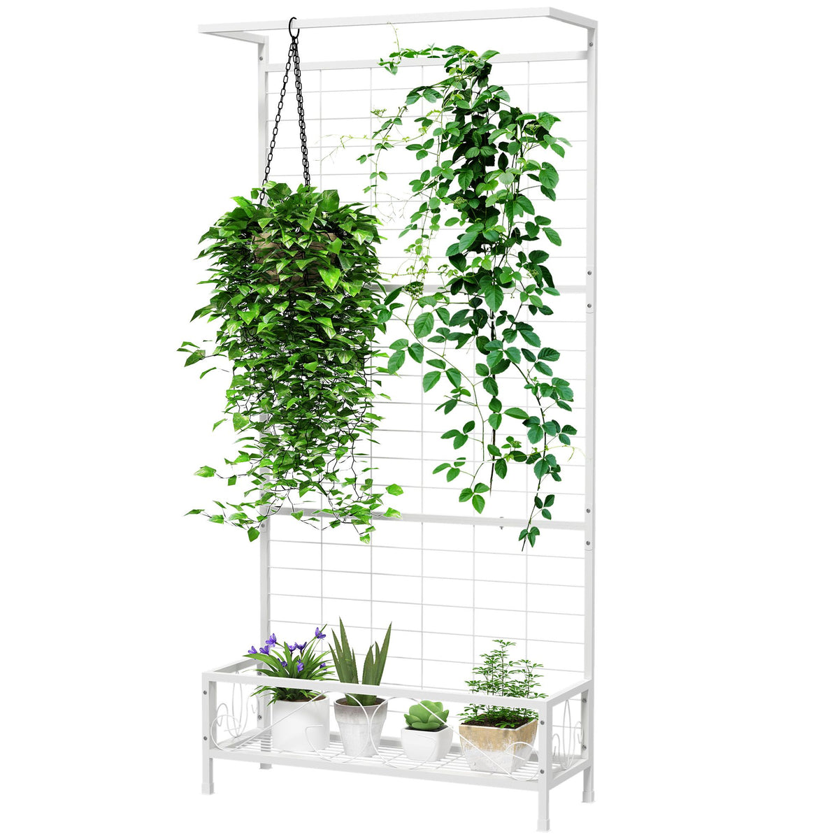 74 in Metal Plant Stand with Trellis & Hanging Bar