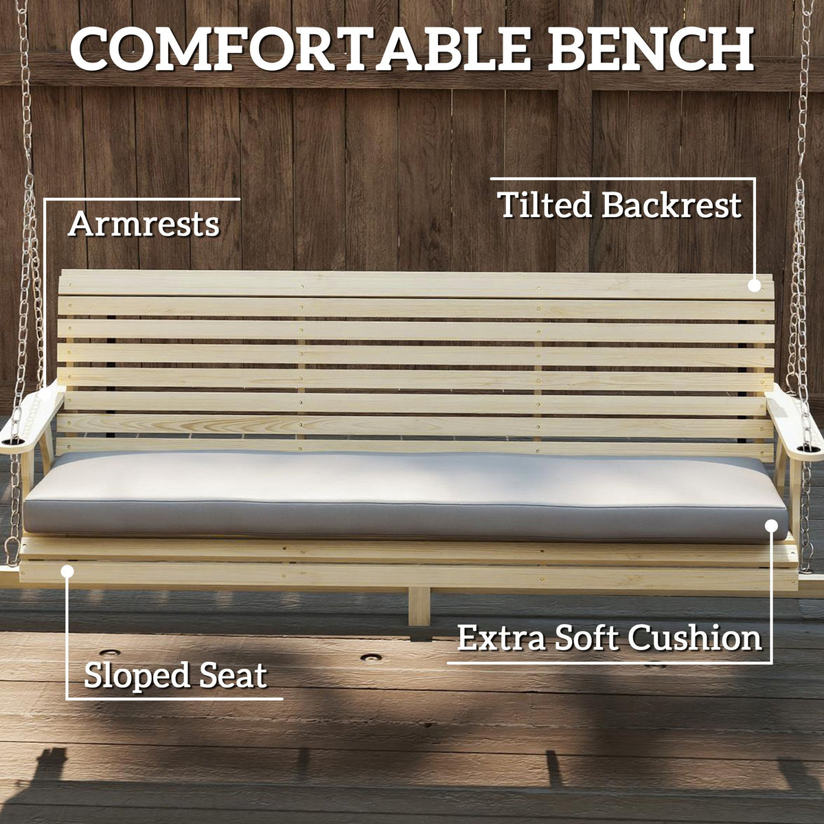 3-Seat Wooden Porch Swing with Stand – view 5