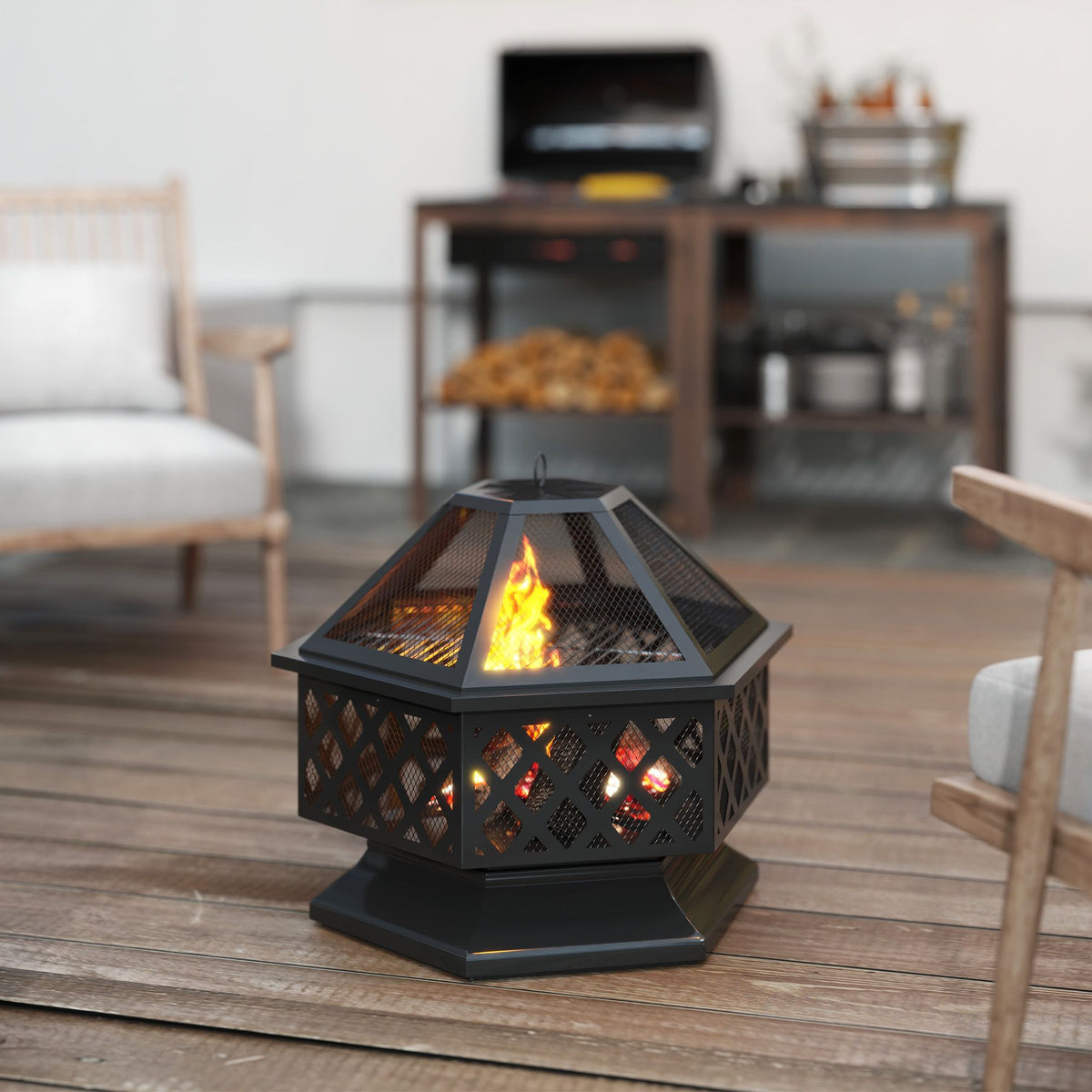 28 in Hexagon Wood-Burning Fire Pit with Grill – view 9