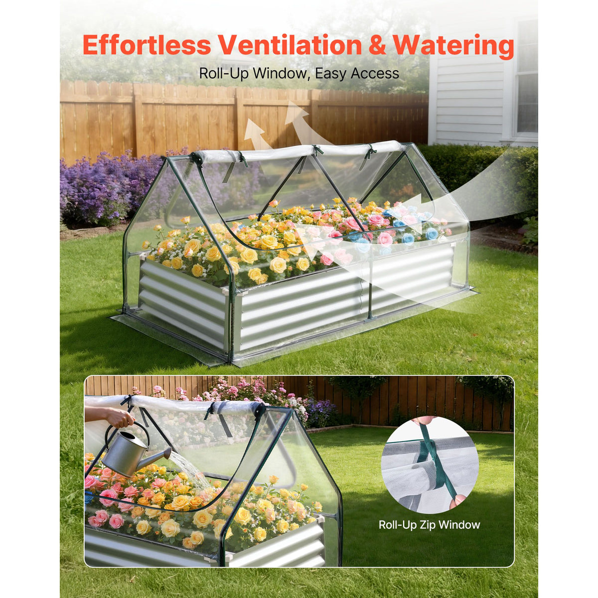 6' x 3' x 1' Galvanized Raised Garden Bed with Greenhouse Cover – Roll-Up Window, Silver – photo 4
