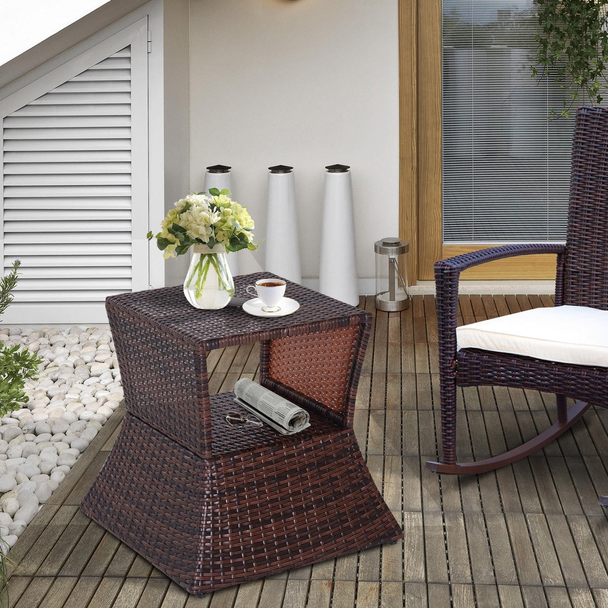 2-Tier Wicker Patio Side Table with Umbrella Hole – view 2