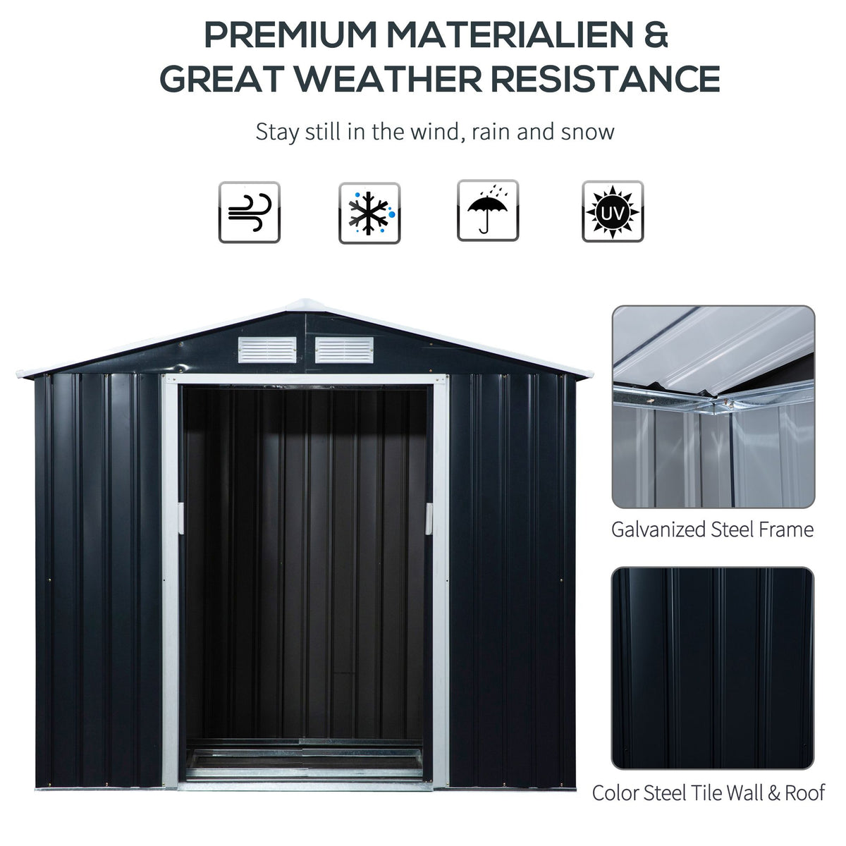 7' x 4' Metal Garden Shed with Vents – Lockable Double Doors, Dark Gray – photo 5