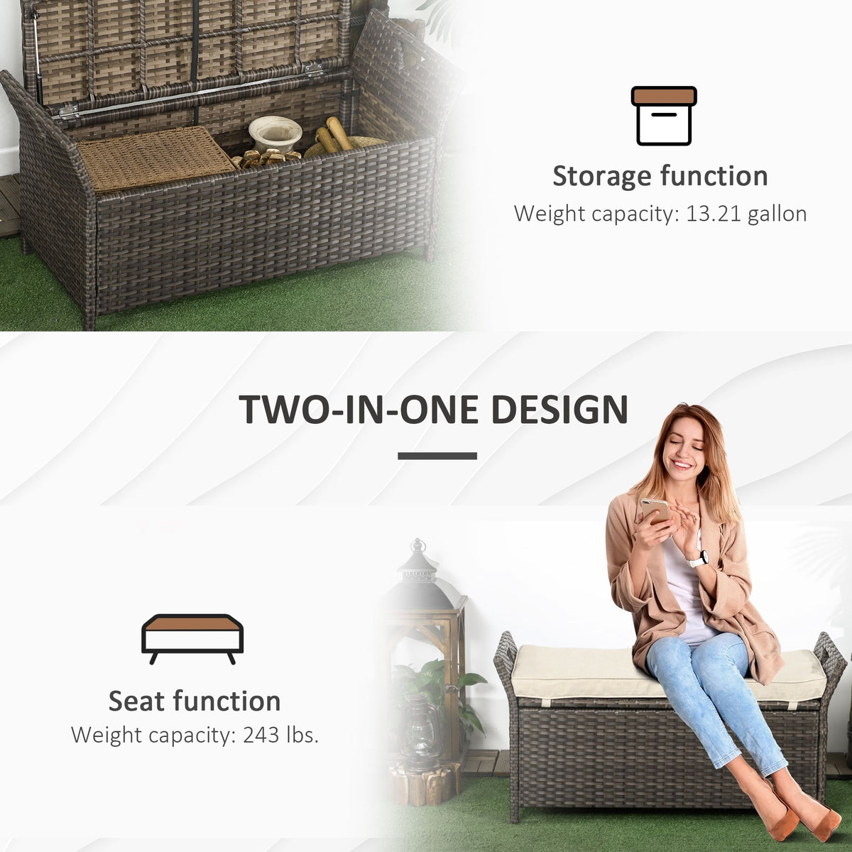 Cream Wicker Patio Storage Bench – 29 Gallon – view 6