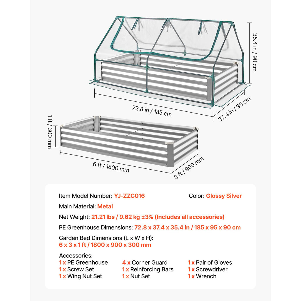 6' x 3' x 1' Galvanized Raised Garden Bed with Greenhouse Cover – Roll-Up Window, Silver – photo 7