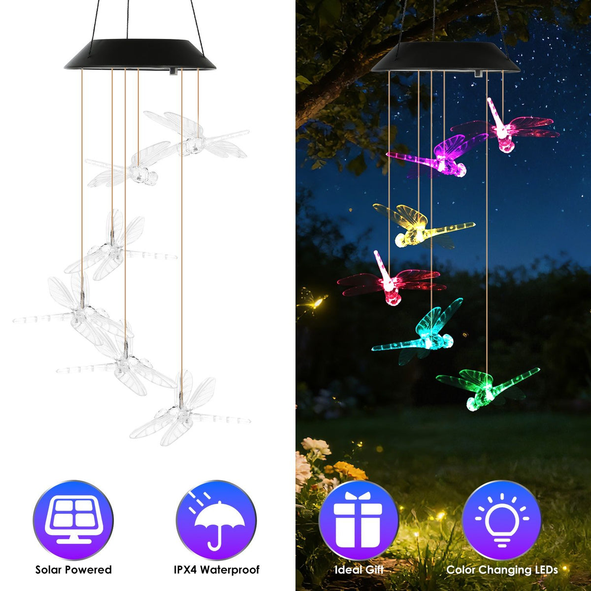 Solar Dragonfly Wind Chimes, 2-Pack – 7-Color Changing LED, IPX4 Waterproof – photo 2