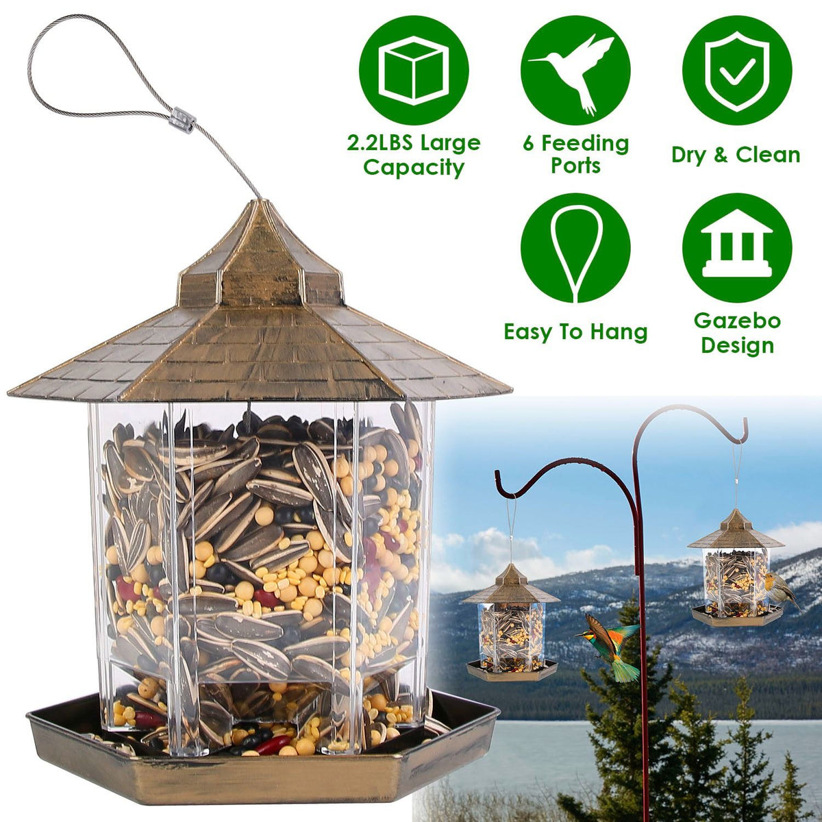 Hanging Gazebo Bird Feeder – 6 Feeding Ports, Large Seed Capacity, Weatherproof – photo 15