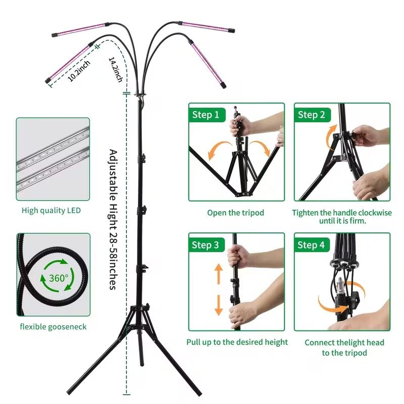 Full Spectrum Floor Grow Light with Adjustable Stand – 80 LEDs, 5 Dimming Levels & 3/9/12H Timer – photo 3