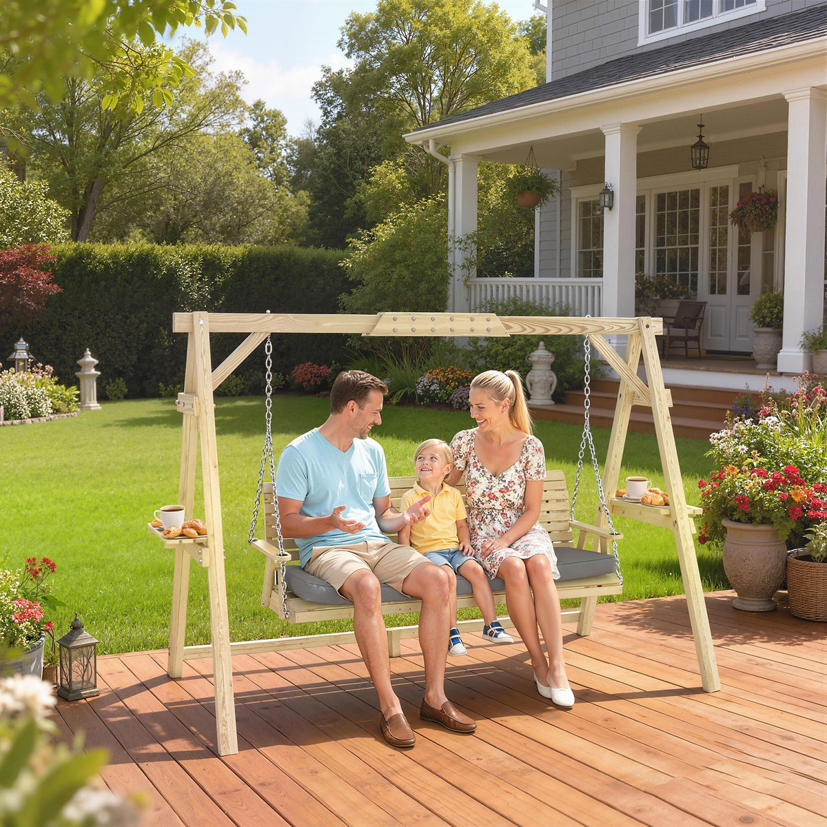 3-Seat Wooden Porch Swing with Stand – view 2